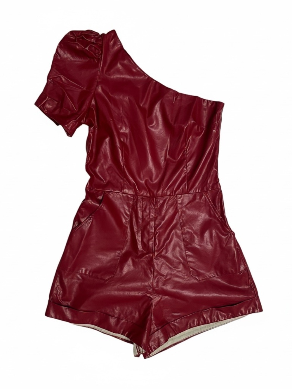 TCEC Red Faux Leather One Shoulder Puff Sleeve Romper Size M Pockets Burgundy